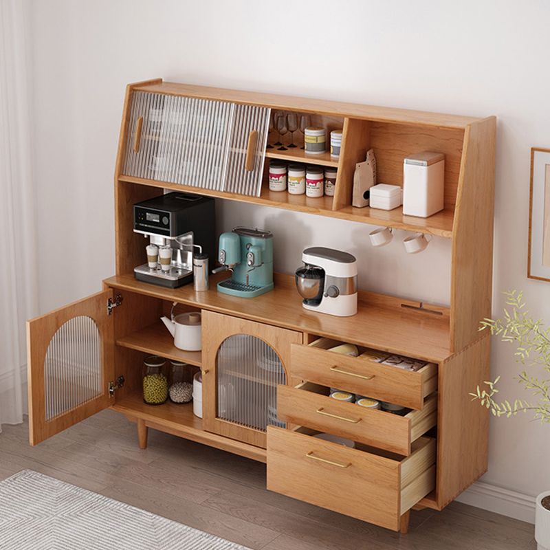 Contemporary Dining Hutch Pine Glass Doors Buffet Cabinet with Drawers