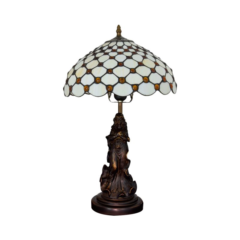 Cabochons-Embellished Grid Night Light 1-Light White/Beige Glass Tiffany Table Lamp with Angel Decor