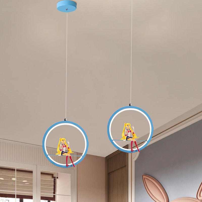 Round Girls Bedroom Pendant Chandelier Metallic LED Cartoon Hanging Light with Girl Decor in Pink/Blue