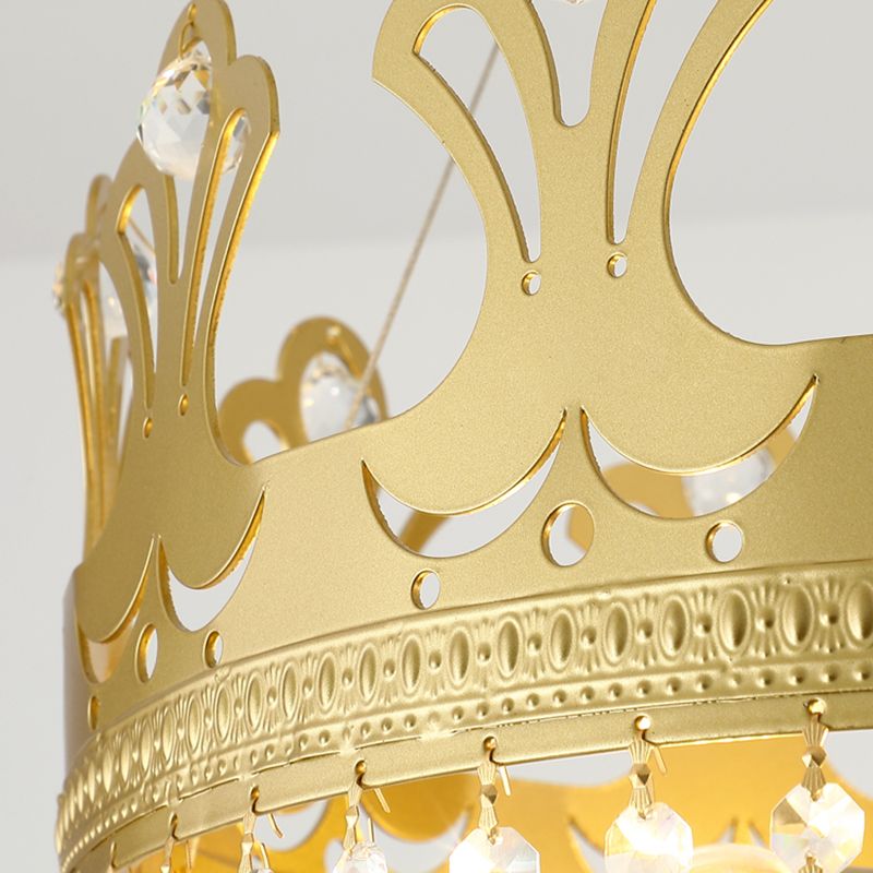 Crown Chandelier Lamp Simplicity Metal 3/4/6 Lights Bedroom Pendant Lighting in Brass with Crystal Drop, 12"/18"/23.5" W