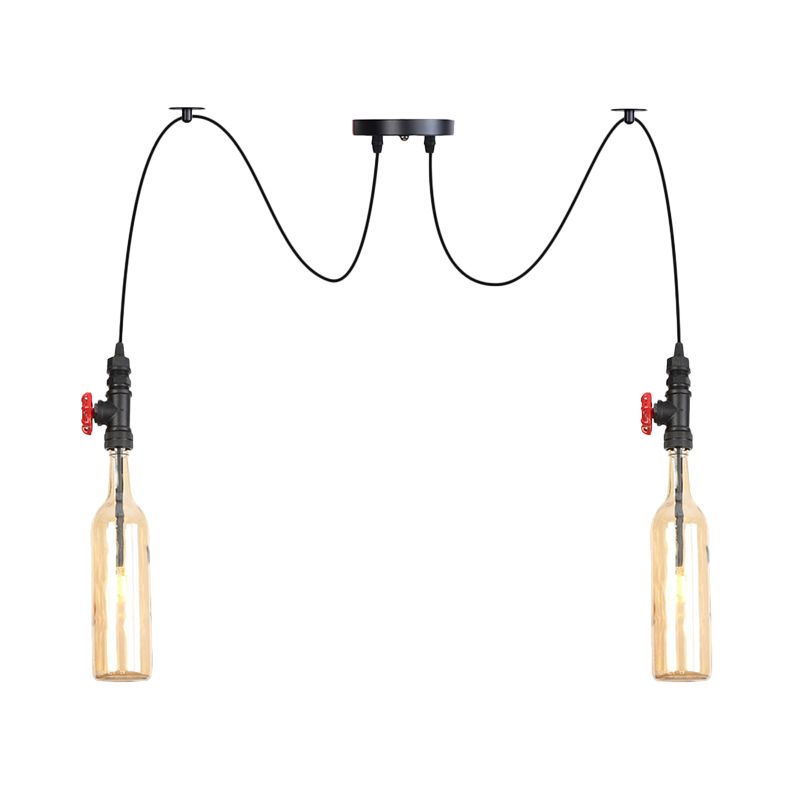 Industriële fles Multi Pendant Light 2/3-Head Amber Glass Swag Suspension Lamp in Black