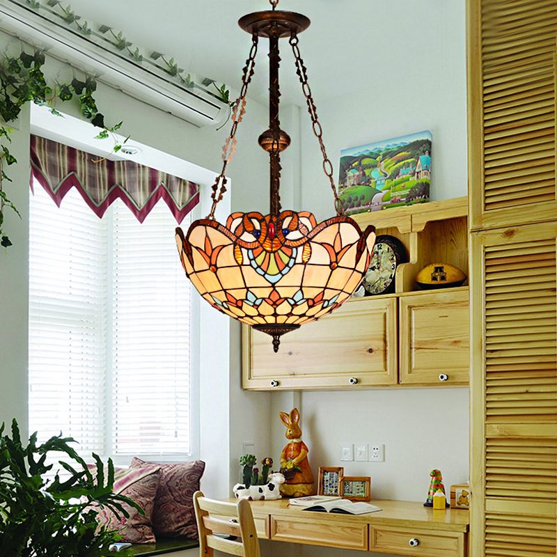 Bowl Ceiling Light Retro Style Stained Glass 3 Heads Semi Flush Ceiling Fixture for Bedroom Lighting