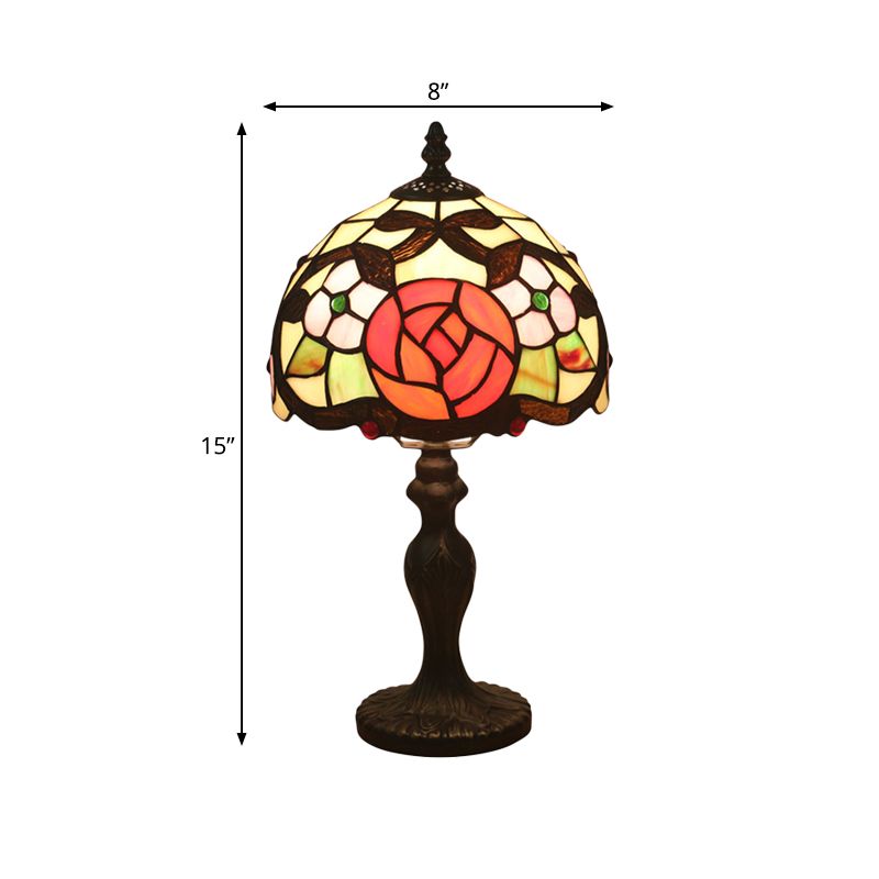 Victorian Rose Patterned Desk Lighting 1 Head Cut Glass Nightstand Lamp in Bronze with Dome Shade