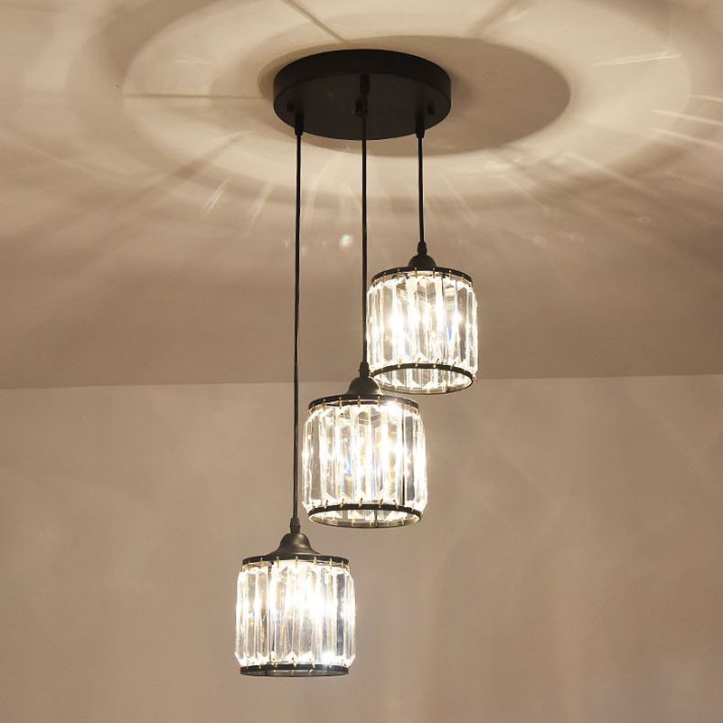 Crystal Black Pendant Light in Modern Luxury Style Iron Cylindroid Hanging Lamp for Interior Spaces