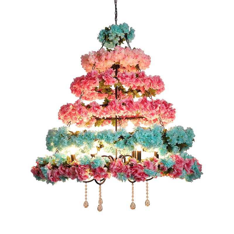 Pink and Blue 6 Bulbs Chandelier Loft Iron Multi Circle Cage Flower Suspension Lighting with Crystal Accent