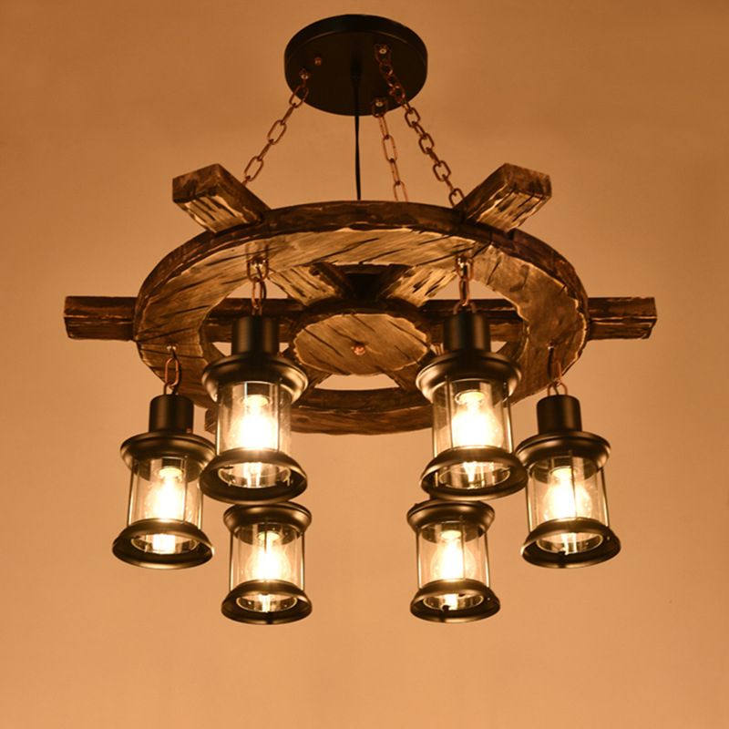 Black Wooden Boat Chandelier Retro Industrial Circular 6 Light Suspension Light for Dining Room Table