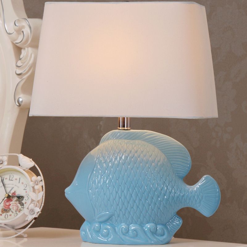 Ceramic Blue Table Lighting Tropical Fish Single-Bulb Rural Night Stand Light with Rectangle Fabric Lampshade