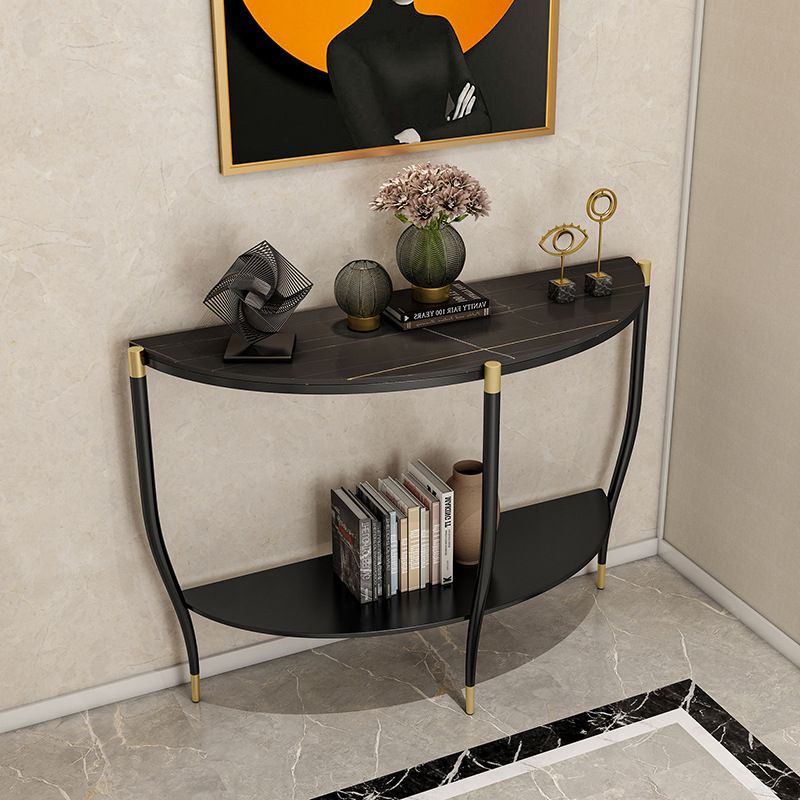 Contemporary Stone Console Accent Table Half Moon End Table with Shelves for Hall