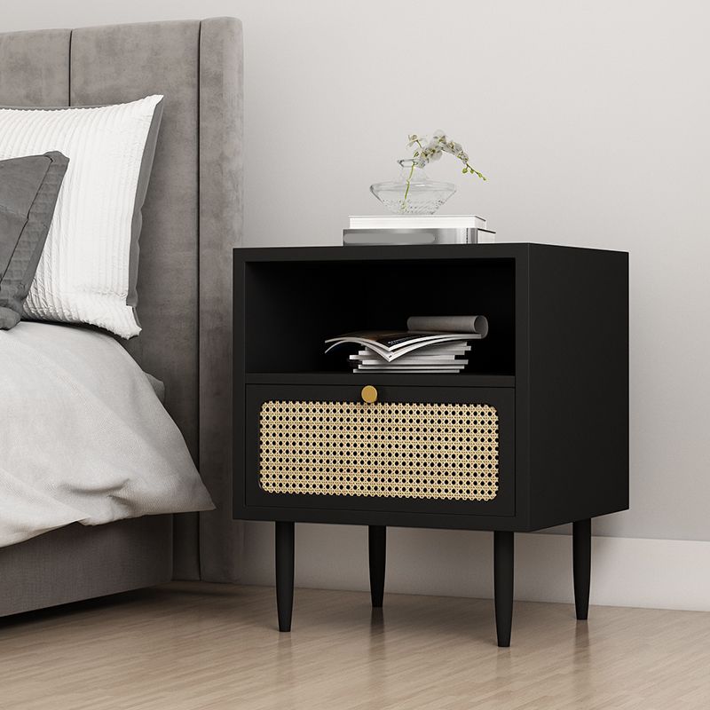 Wicker & Rattan Modern Night Table Solid Wood 2-Drawer Storage Nightstand in Black/White