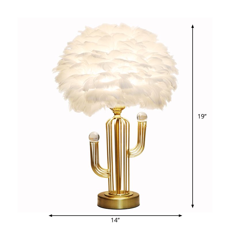 Dome Feather Desk Lamp Nordic 1-Head White Table Light with Metal Base and Clear Crystal Orbit Decor