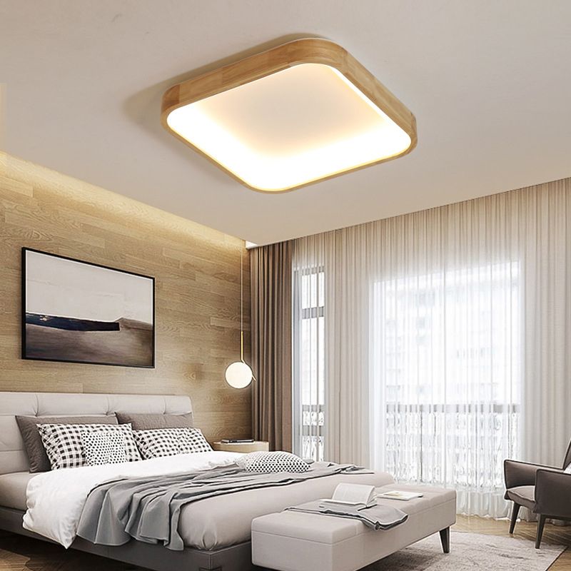 Minimalist LED Flush Ceiling Light 14.5"/18.5" W Wood Shade Beige Square Flush Lighting in Warm/White Light