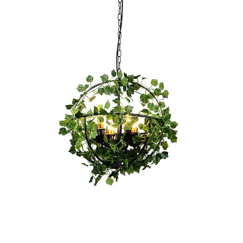 4-Head Plant Pendant Chandelier Rural Restaurant Hanging Light with Basket/Bowl Iron Cage in Black