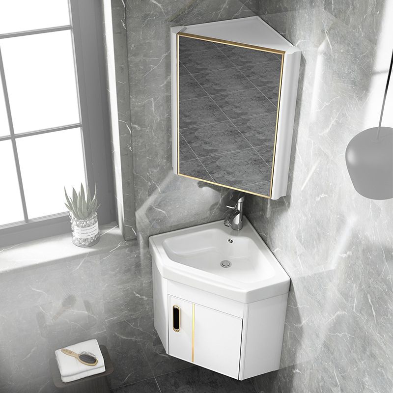 Wall Mounted Corner Vanity Triangular Single Sink Mirror Metal Frame Bath Vanity with Door