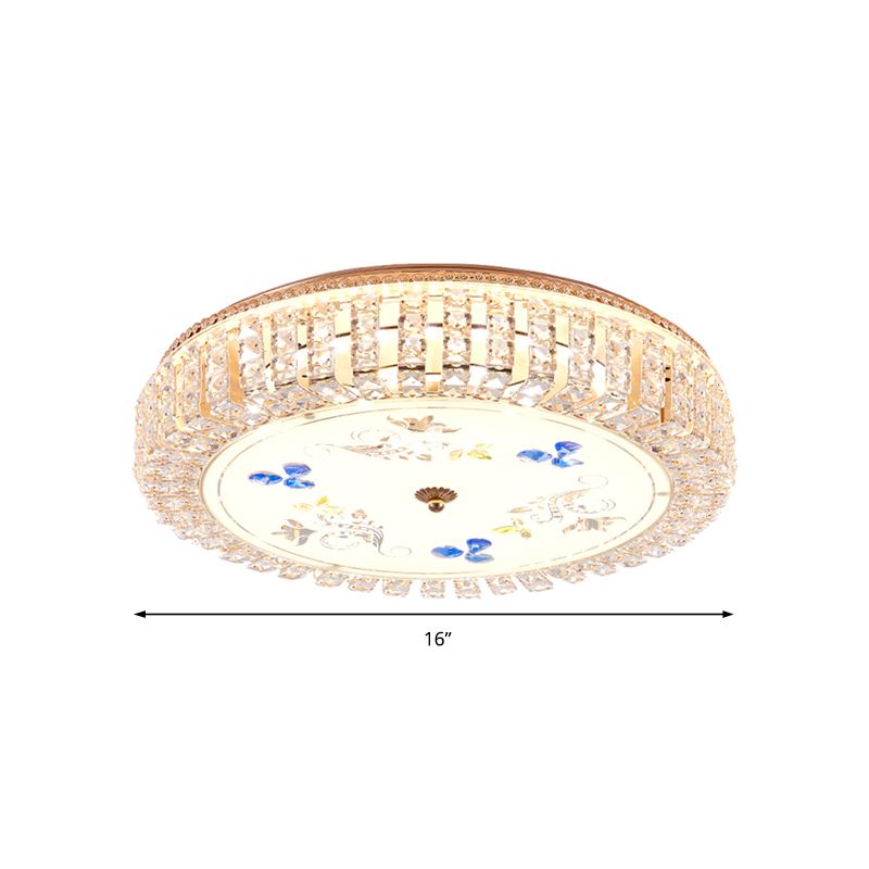 Golden Drum Flushmount Lighting Modern Crystal and Glass 16"/19.5" W Multi Light Ceiling Lamp with Flower Pattern