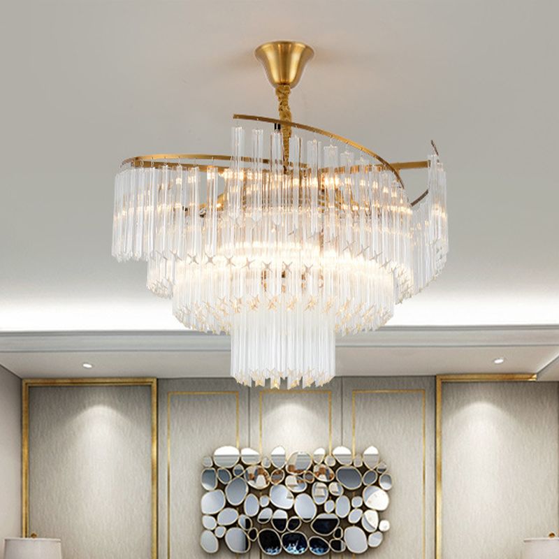 8-Bulb Living Room Chandelier Lighting Gold LED Pendant Light Fixture with Tiered Crystal Rod Shade