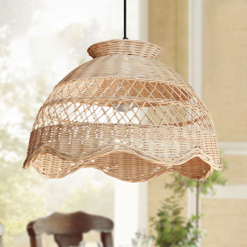 Bamboo Bowl Hollowed Out Hanging Light Asia 1 Bulb Beige Pendant Lighting with Scalloped Trim