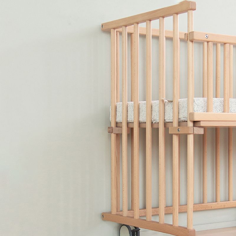 Modern Beech Baby Crib Light Wood Standard Size Nursery Crib with Casters