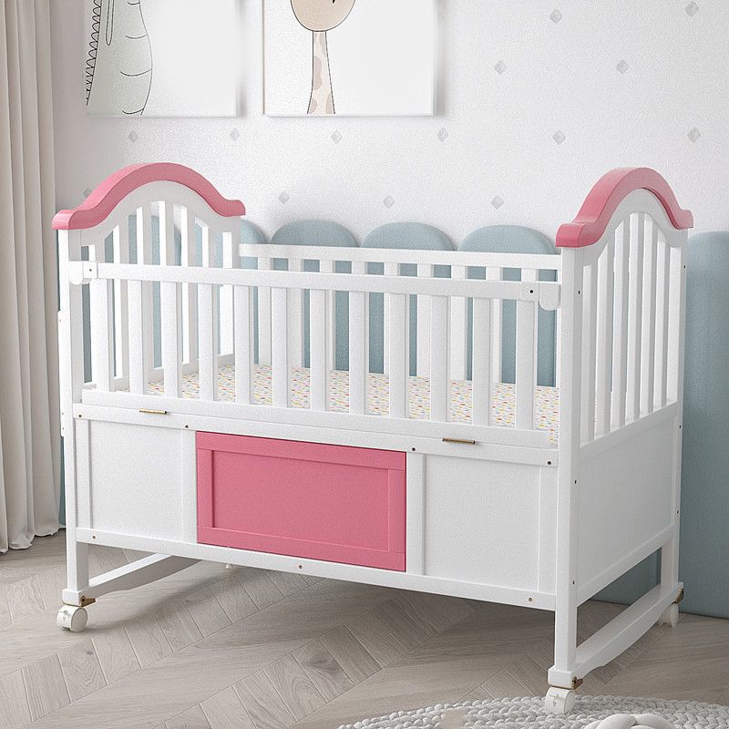 Wood Nursery Crib with Casters Modern Baby Crib with Guardrail