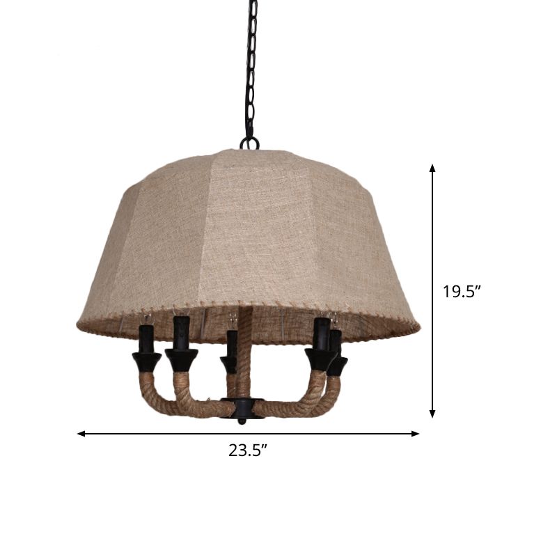 Vintage Domed Chandelier Light Fixture 5 Lights Fabric Suspension Lamp in Brown with Hemp Rope