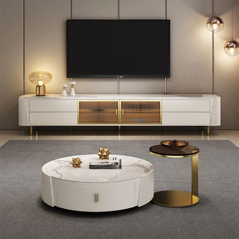 Glam Stone TV Media Console Enclosed Storage TV Stand in White