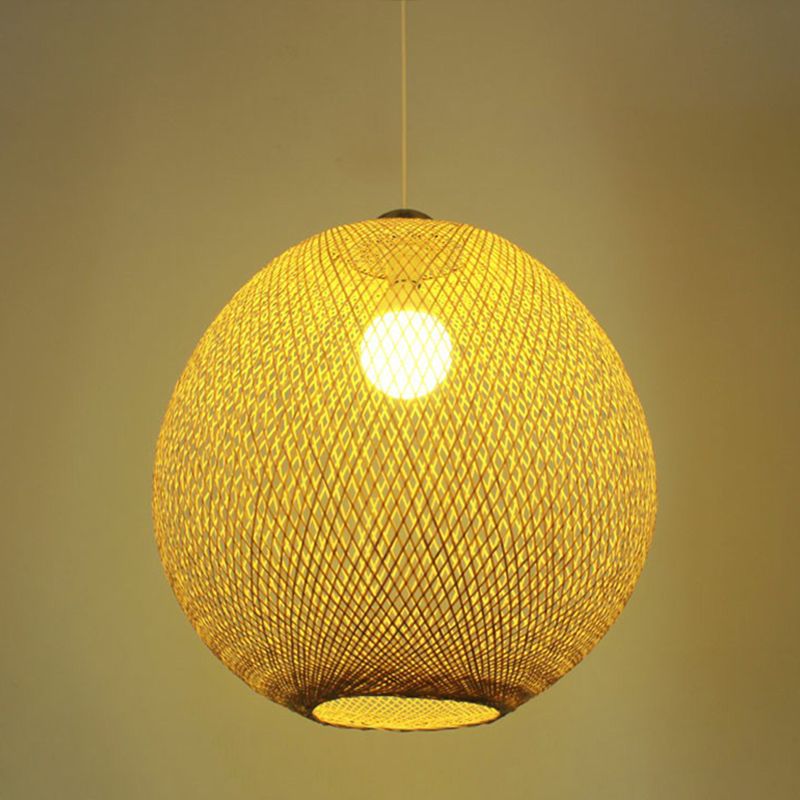 Beige Globe Pendant Light Fixture Chinese 1 Bulb Bamboo Suspension Lighting for Living Room