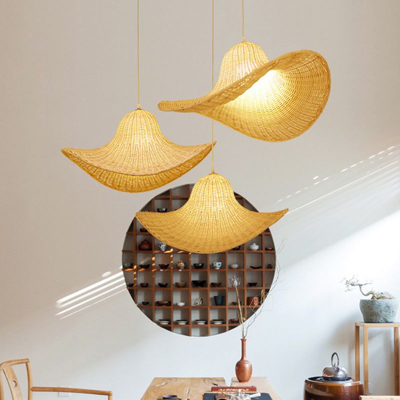 Beige Cap Shaped Hanging Light Modern 1 Light Bamboo Ceiling Pendant Lamp for Dining Room