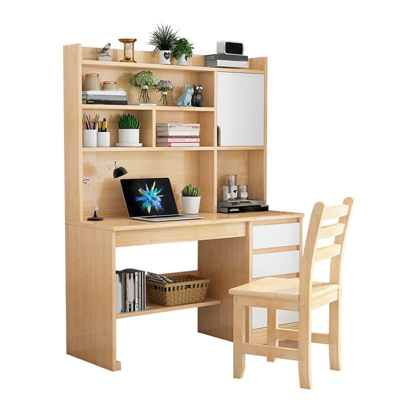 Writing Desk in Natural Solid Wood with 2 Drawers and Bookshelf