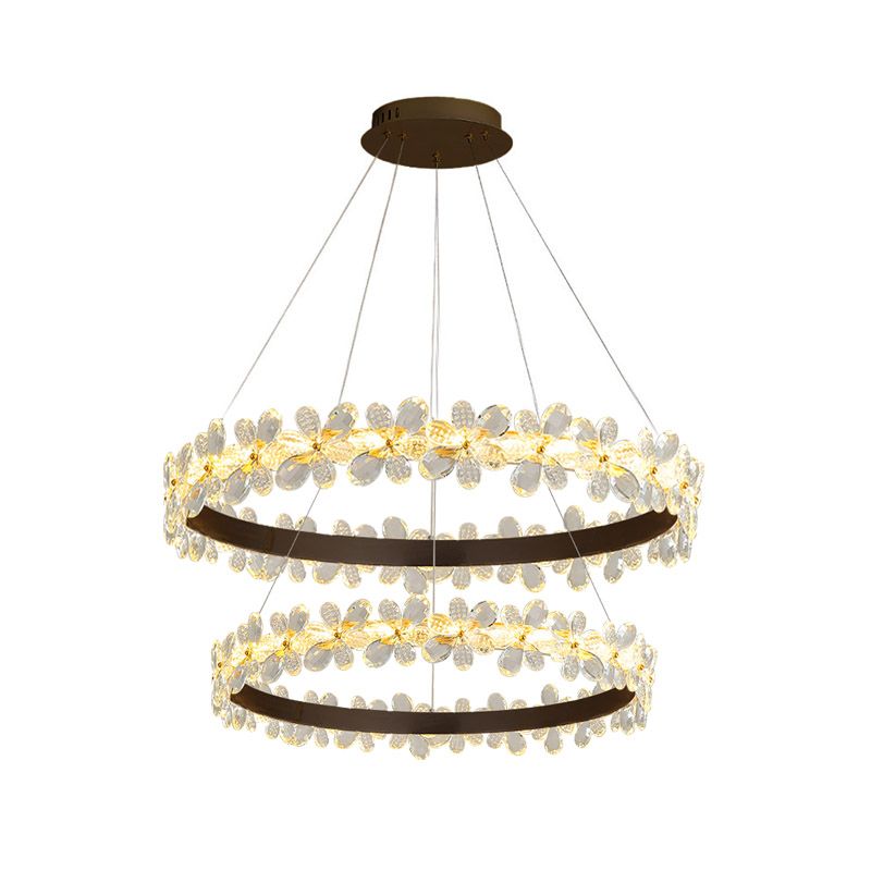 Round Chandelier Lamp Modern Crystal 19.5"/27.5" Wide LED Gold/Coffee Pendant Light Fixture in Warm/White Light