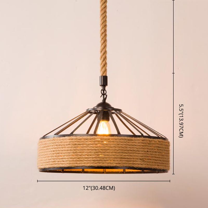 1-Bulb Pendant Lamp Countryside Cage Rope Suspension Light Fixture in Beige