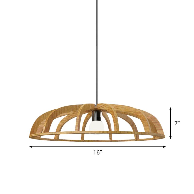 Ciotola piatta cornice sospensione Light legno 1 lampadina in stile asiatico beige soffitto a sospensione Luce a sospensione