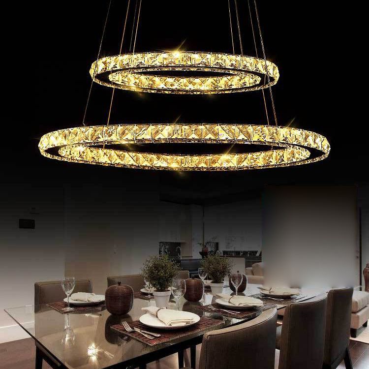 Stainless-Steel Silver LED Pendant Light in Modern Luxury Style Circular Ceiling Light with Crystal Shade