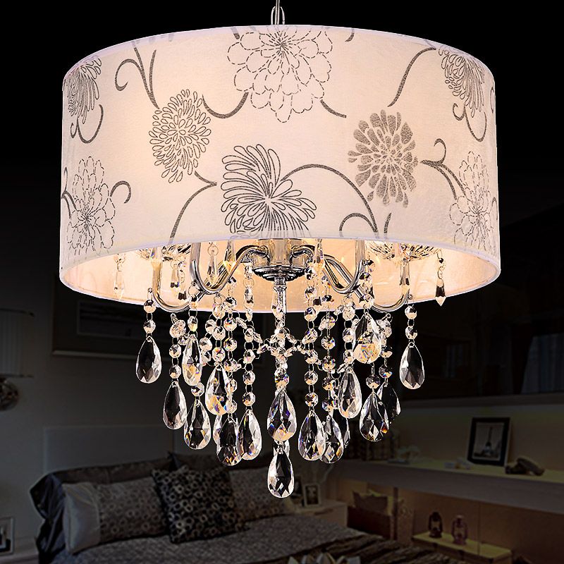 Contemporary Drum Chandelier Light White Fabric 5 Lights Hanging Fixture with Flower Pattern and Clear Crystal Bead