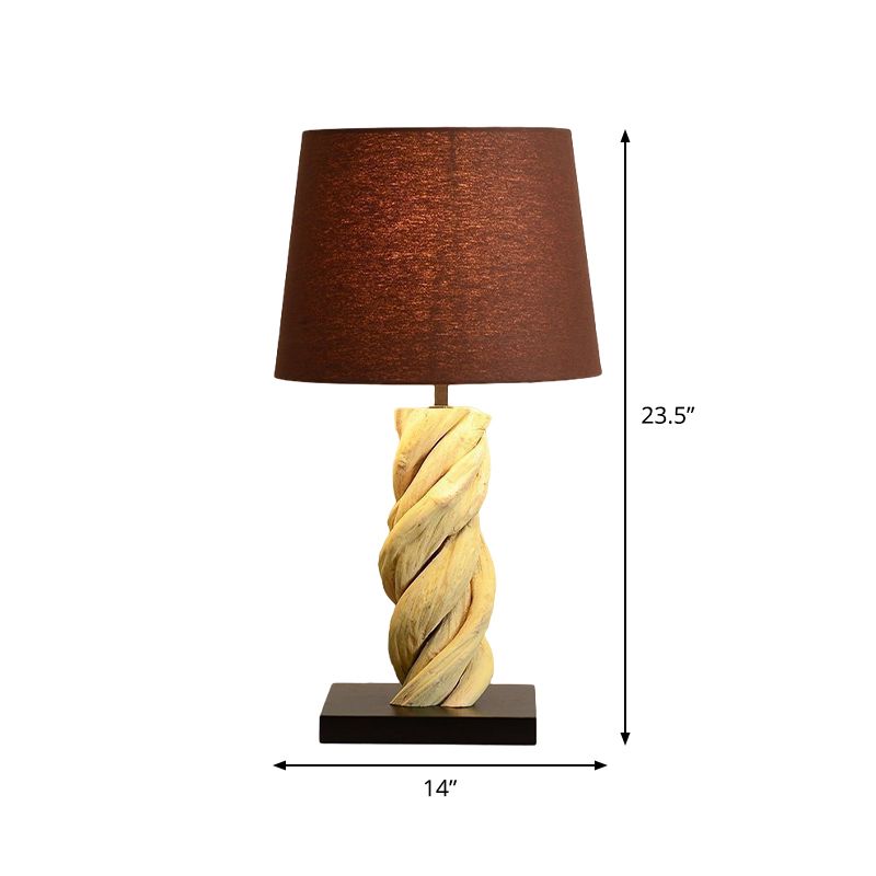 Barrel Night Table Light Art Deco Fabric 1 Head Brown Night Lamp with Spiral Wood Bar Base