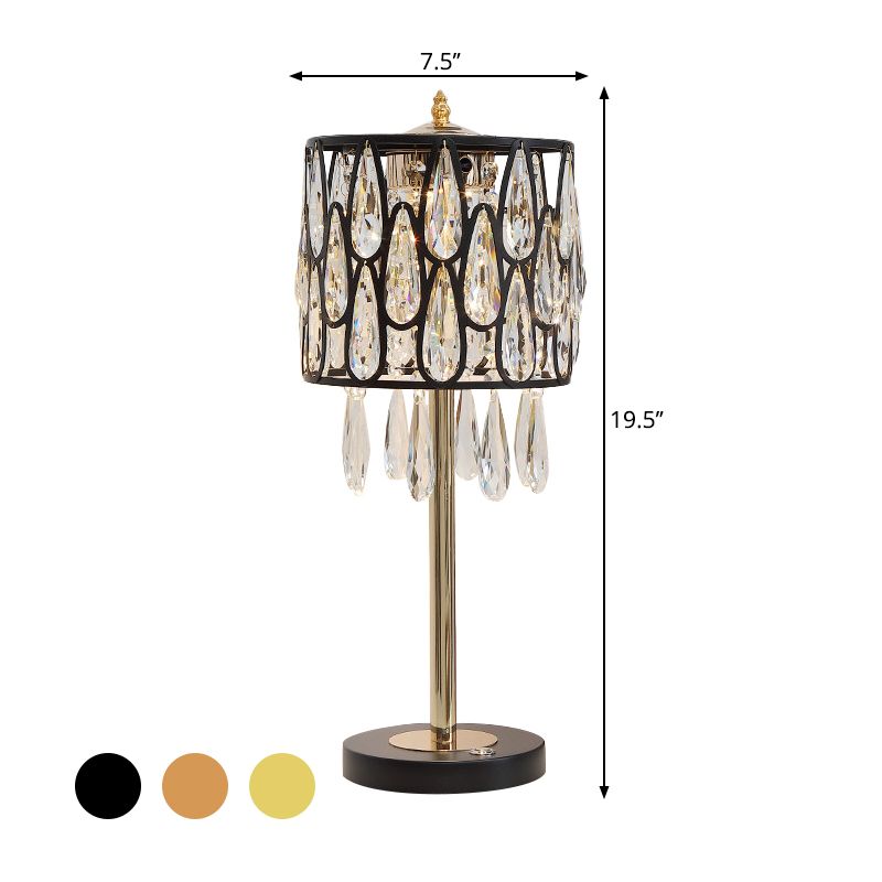 Metal Black/Gold/Champagne Nightstand Lamp Drum Shade 1 Head Contemporary Table Light with Crystal Raindrops Encrusted