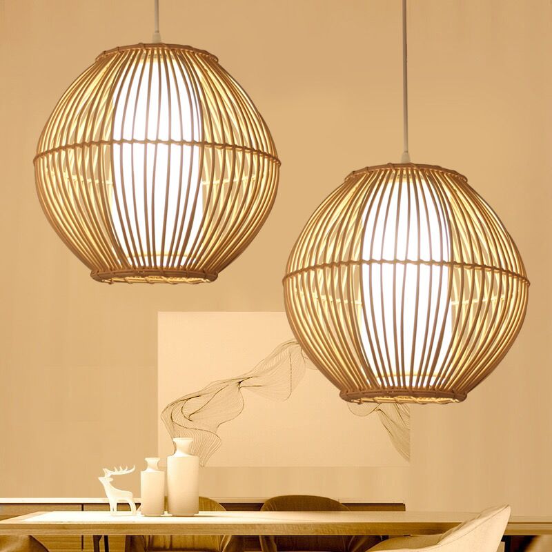 Bamboo Curved Hanging Light Japanese 1 Bulb Beige Pendant Lighting Fixture for Dining Room