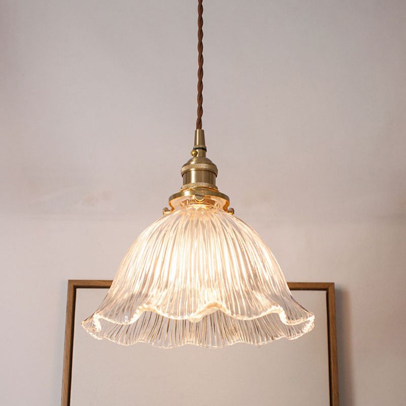 Floral Shade Clear Ribbed Glass Suspension Light Simplicity Living Room Pendant Light Fixture