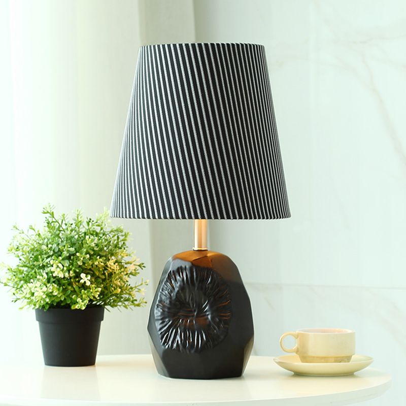 1-Light Ticking Stripe Fabric Table Lamp Modern Black Conical Kitchen Night Light with Hammered Base