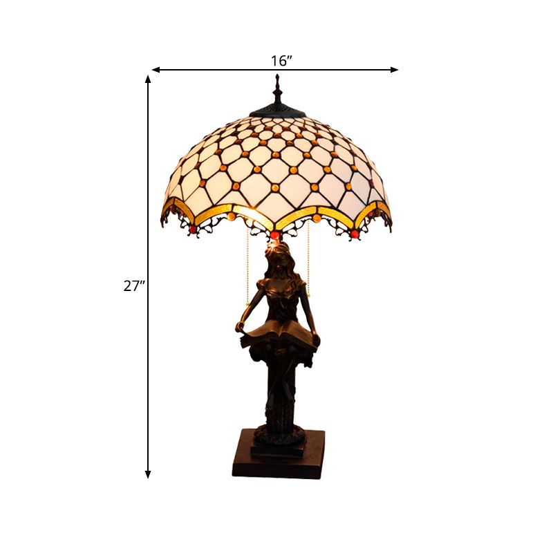 2-Light Reading Girl Table Light Tiffany Bronze Resin Pull Chain Night Lamp with Bird Blue-Brown/Net Yellow-White Glass Shade