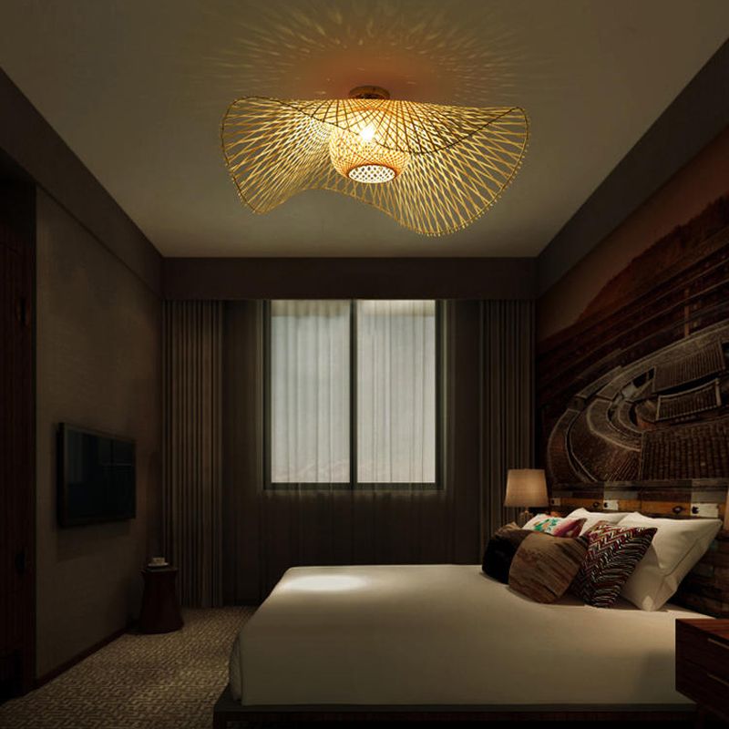 Asian Style Ceiling Lamp Bamboo Flush Mount Lighting for Bedroom