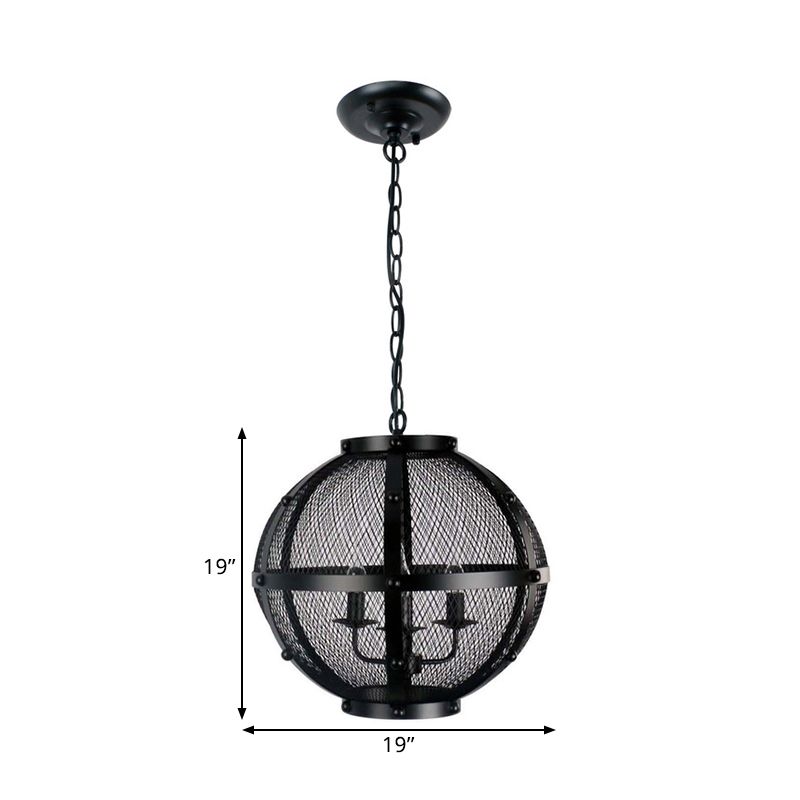 Global Metal Hanging Pendant with Wire Mesh Shade Retro Style 3 Lights Farmhouse Ceiling Fixture in Black