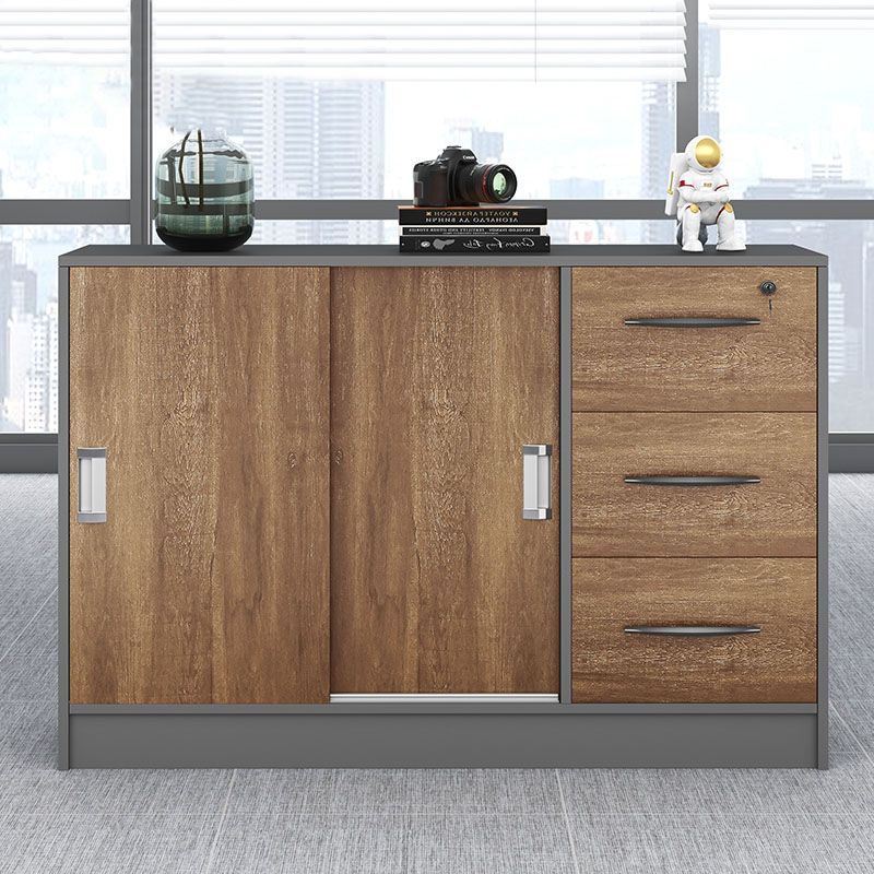 Modern Lateral File Cabinet Solid Wood Brown File Cabinet with Storage Shelves