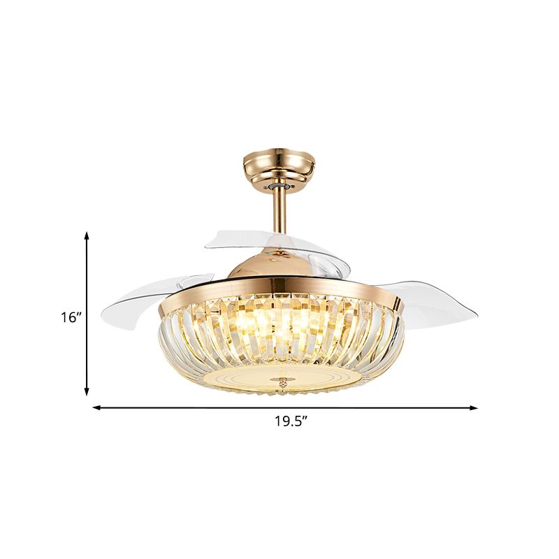 19.5" Width 4 Blades LED Crystal Semi Flush Minimalist Gold Bowl up Living Room Hanging Fan Lighting