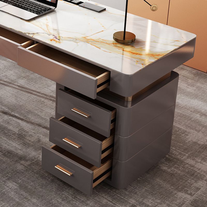 Grey Office Desk Mirrored Rectangular Drawers Storage Desk with Metal Leg