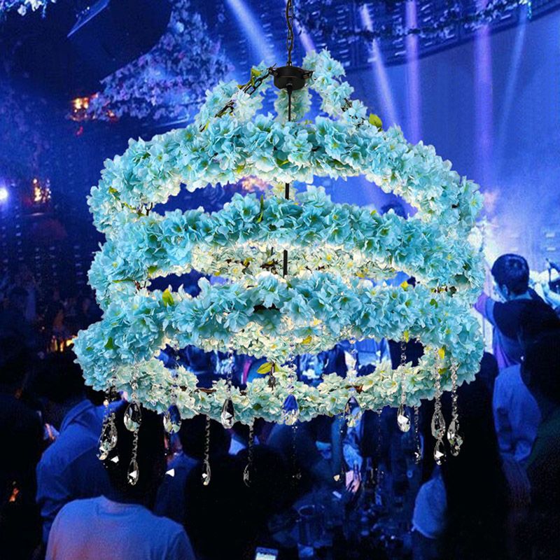 6 Heads Metal Pendant Chandelier Industrial Blue Circle Restaurant LED Flower Down Lighting with Crystal Accent, 31.5"/39" W