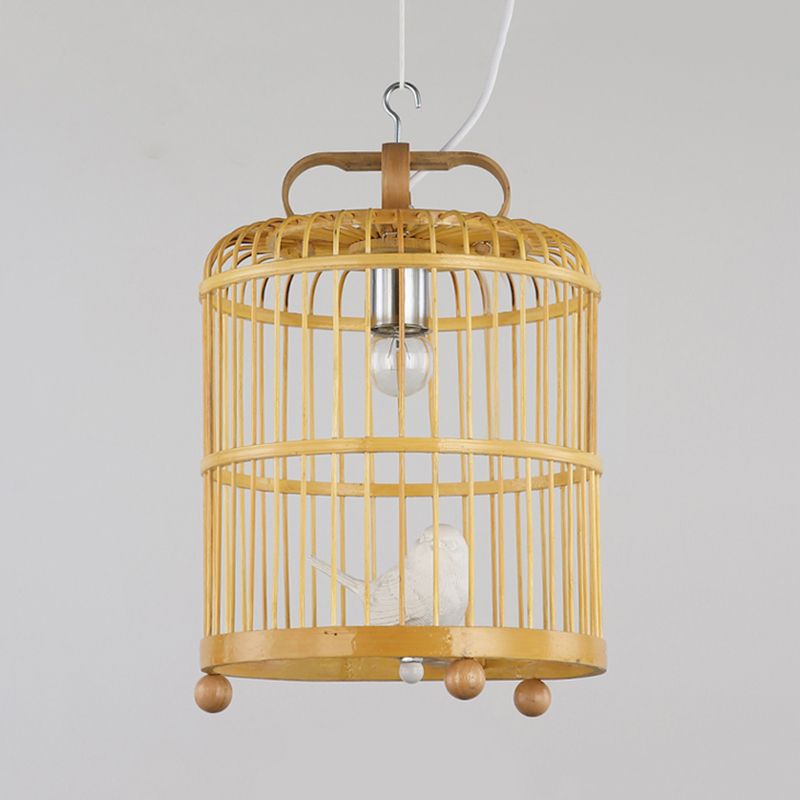 Bamboo Birdcage Shade Pendant Light with Bird Accent Chinese Style 1 Head Beige Hanging Lamp, 8"/10" Width