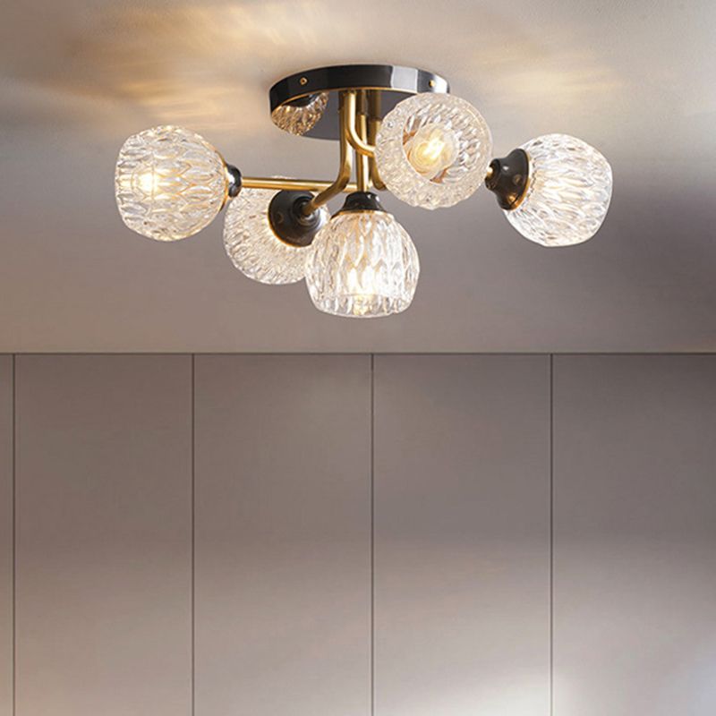 Bowl Semi Flush Chandelier Ultra-Contemporary 5 Lights Ribbed Glass Ceiling Light Fixtures for Bedroom