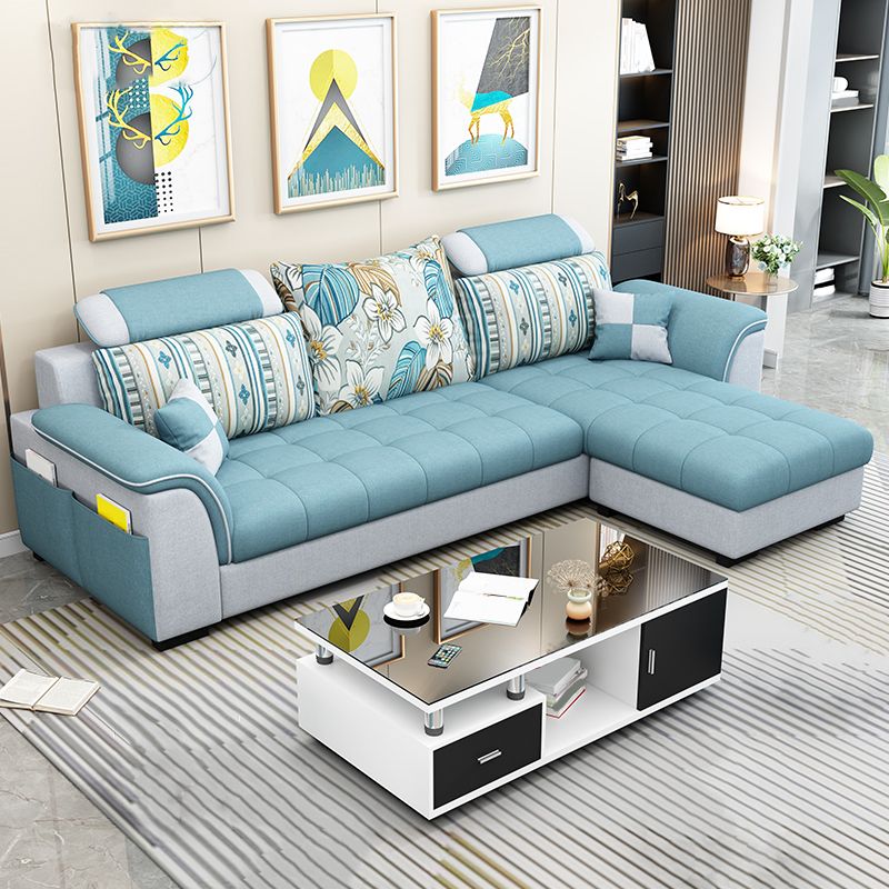 Modern Solid Wood Frame Sectional Linen/Faux Leather Sofa with Ottoman Inlcuded