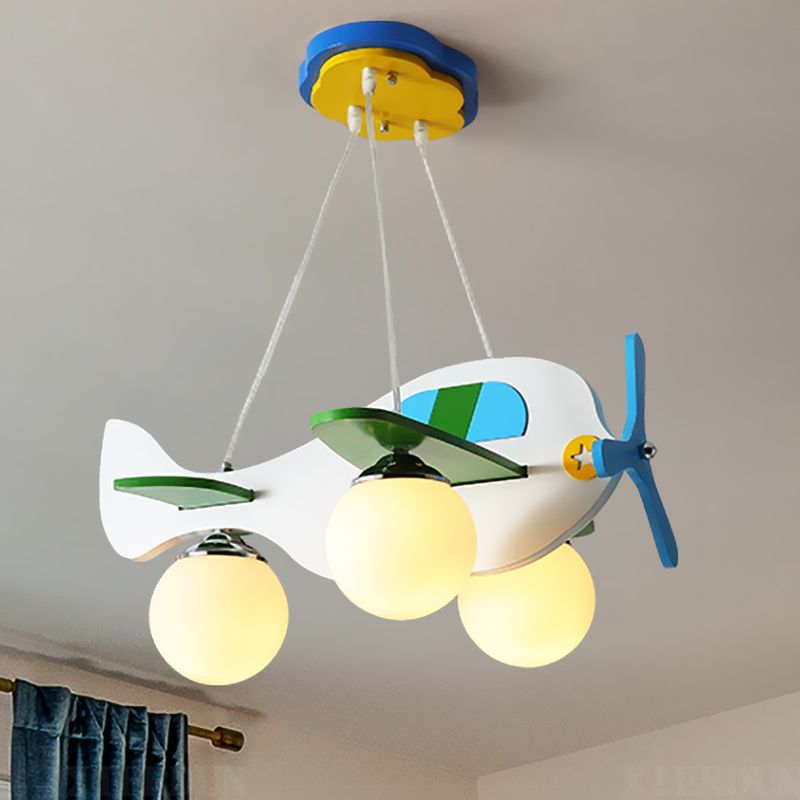 Blue Plane Suspension Lighting Kids 3 Bulbs Ivory Glass Multi Light Pendant for Children Bedroom