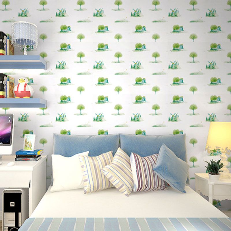 Kid's Bedroom Wallpaper with Green and White Windmill and Tree Design, 77.5 sq ft., Easy to Remove