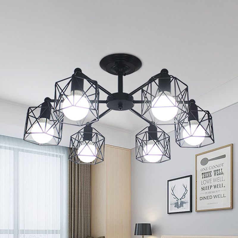 6/8 lumières Spider Semi Flush Light avec une nuance de cage globale de style rétro noir métal semi-luxuré Pendante pour le salon